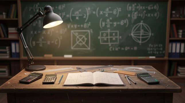 Math Study Desk Scene with Illuminated Book and Chalkboard