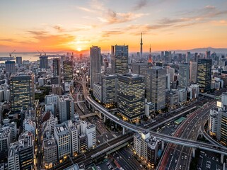 Obraz premium Urban Cityscape with Skyscrapers and Busy Highways at Sunset