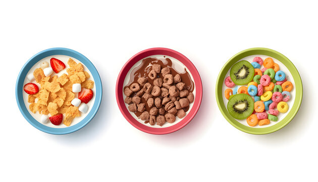 Colorful Bowls of Cereal with Fruit and Milk on White Background