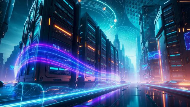 Futuristic data center glowing circuits holographic graphs technology digital network infrastructure