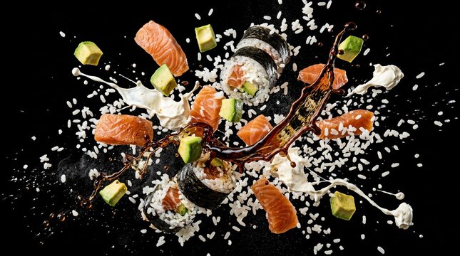 A magnificent deconstructed sushi roll exploding in mid-air, scattering fresh salmon chunks, avocado cubes, cucumber slices, and grains of rice.