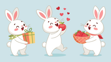 Fototapeta premium Cute white rabbit mascot collection featuring three cheerful bunnies holding a gift box an apple and a basket of fresh strawberries on a soft light blue background