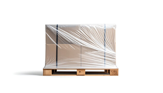 Cardboard boxes wrapped in plastic film and secured with blue straps on a wooden pallet, ready for shipping and logistics.