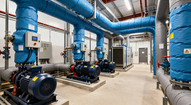 Mechanical plant room, HVAC system, valves, ducts, industrial engineering.