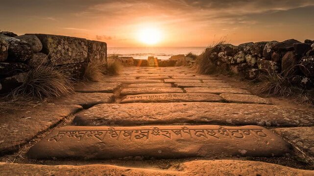 Serene ancient stone path engraved with mysterious script leading to glowing sacred site in mystical forest