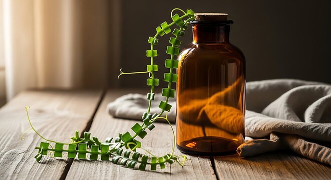 A beautiful cissus quadrangularis plant vine gracefully resting next to an empty brown apothecary glass bottle on a rustic wooden table in natural light