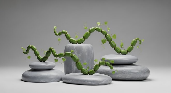A 3d render featuring cissus quadrangularis vines arranged over stone pedestals to create a minimalist conceptual display for natural wellness products.