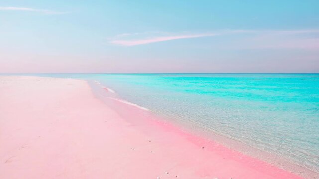 Serene pink beach with turquoise waters gently lapping the shore under pastel sky at sunrise