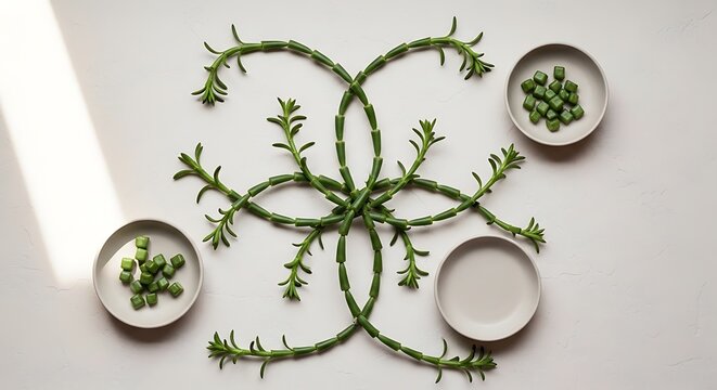 Flat lay of cissus quadrangularis vines arranged in a floral pattern with small ceramic bowls containing herbal supplement cubes on a light gray background