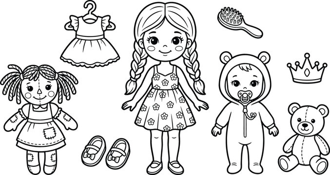 Cute Paper Dolls and Toys Line Art Vector Set with Dress Baby Teddy Bear and Hairbrush Coloring Page