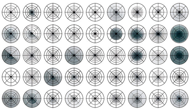 collection of abstract radial charts, circular diagrams, statistical graphics, scientific data visualization, geometric patterns