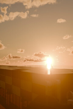 3D sunset cargo roof with silhouetted figures at sea