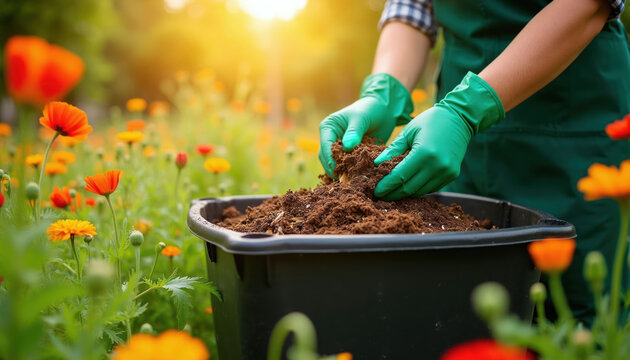Person in green gloves adds rich soil to garden composter bin amidst blooming poppies, marigolds. Woman recycles organic kitchen scraps, creating nutrient rich compost for healthy plant growth, eco