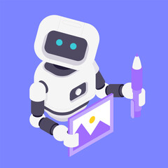 Naklejka premium Friendly robot assistant holding landscape picture and pen for image generation. Artificial intelligence, creation, design, drawing and digital art concept. Modern isometric vector illustration
