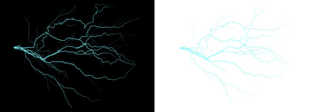 Blue lightning bolts on black and white backgrounds for graphic design and artistic use transparent background