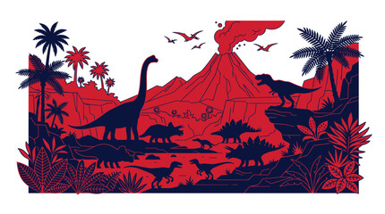 Volcano Erupting, Dinosaurs Roaming Prehistoric Landscape with Palm Trees © nia