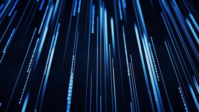 Abstract background with digital data stream of binary code, dynamic vertical lines moving upwards, showcasing data flow and information technology.