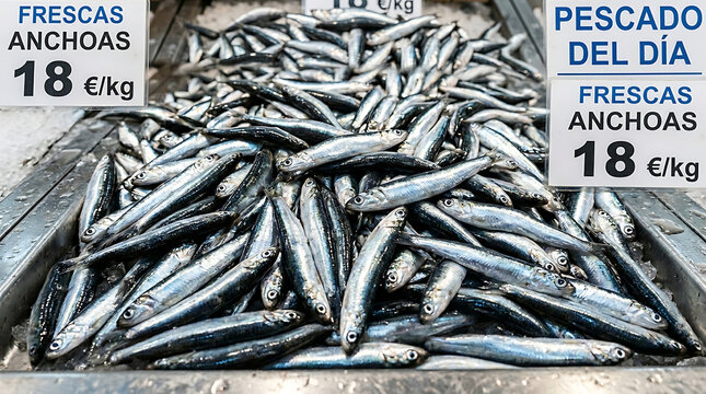 Fresh Raw Anchovies Displayed on Ice at a Mediterranean Fish Market Stall with Spanish Price Tags for Daily Catch Selection
