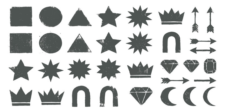 Set of hand drawn rough textured geometric shapes stars arrows crowns diamonds and moons for creative design work