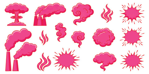 Set of pink smoke clouds steam puffs factory emissions and comic book explosion burst shapes for design © GraphixEra