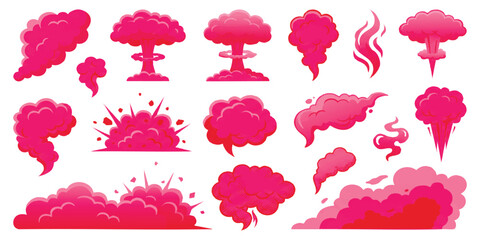 Set of pink explosion smoke clouds and nuclear blast mushroom icons for comic book style graphic design elements © GraphixEra