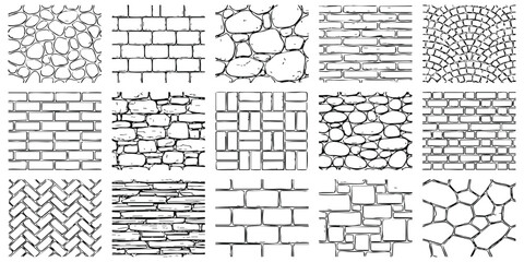 Set of hand drawn stone wall and brick patterns for architectural design and construction texture backgrounds © GraphixEra