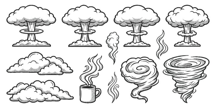 Collection of hand drawn smoke clouds mushroom explosions tornado and steam elements in a sketch style set