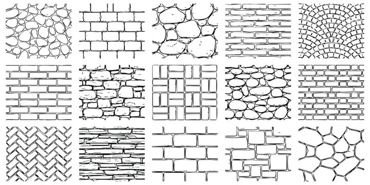 Set of hand drawn stone wall and brick patterns for architectural design and construction texture backgrounds