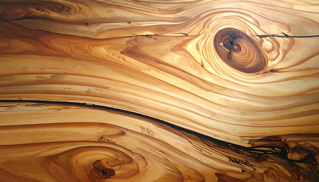 Close-up of a natural wood grain texture showing swirling patterns and knots, rustic brown background