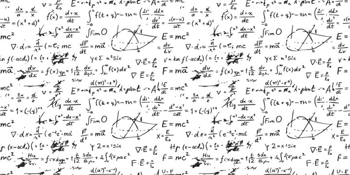 Seamless pattern with complex mathematical formulas and physics equations written in a hand drawn ink style