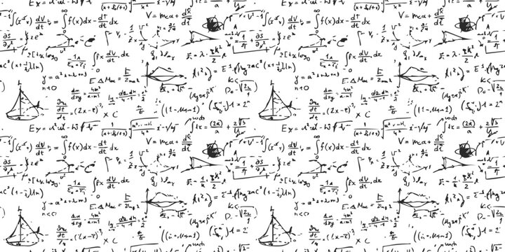 Seamless pattern with handwritten complex math formulas equations and calculus signs for science education