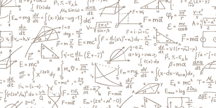 Seamless pattern with handwritten physics formulas and mathematical equations for education and science design