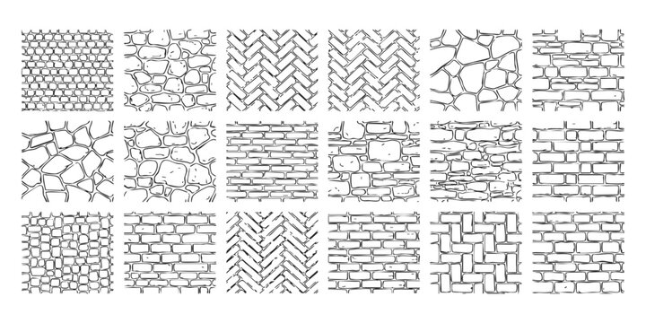 Set of fifteen hand drawn brick and stone wall patterns sketches for architectural design and texture maps