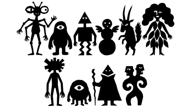 A diverse collection of whimsical and unique alien monster characters, presented as black and white vector illustrations, perfect for creative projects