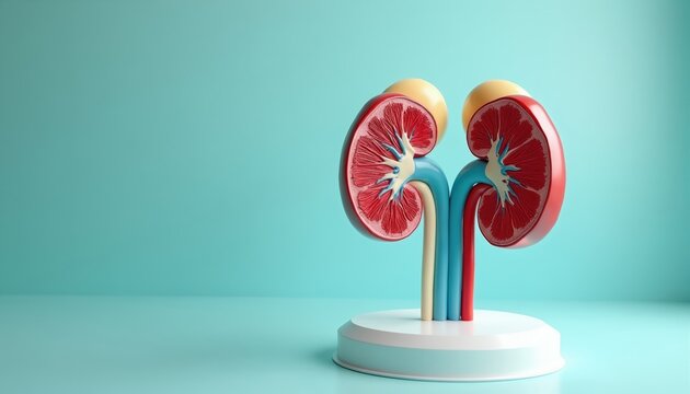 Human kidney anatomy model displays internal structure with blood vessels. Medical science diagram illustrates organ physiology on bright teal background.