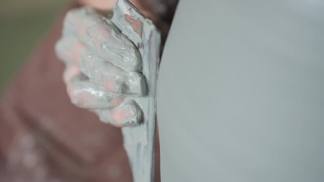 Closeup hands scraping vessel wall in pottery workshop, studio potter refines thinness with small tool, clay flakes and wet surface visible, patient precise motion for refined edge