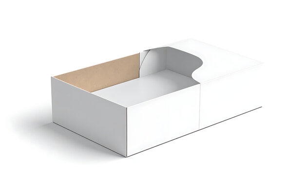 Blank white open display box for product packaging and merchandising, cardboard insert visible