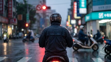 Fototapeta premium Scooter Rider in Raincoat Waiting at Traffic Light on Rainy City Street in Taiwan
