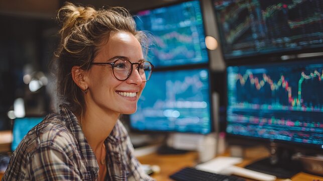 A young woman smiling in front of multiple computer monitors displaying stock market graphs and charts in a modern office setting.