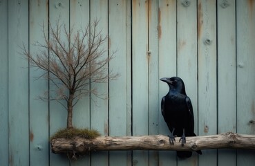 Naklejka premium Black raven bird sits on old wood branch. Bare tree grows on log with grass. Blue pastel wood wall background. Autumn moody atmosphere. Minimalist scene.