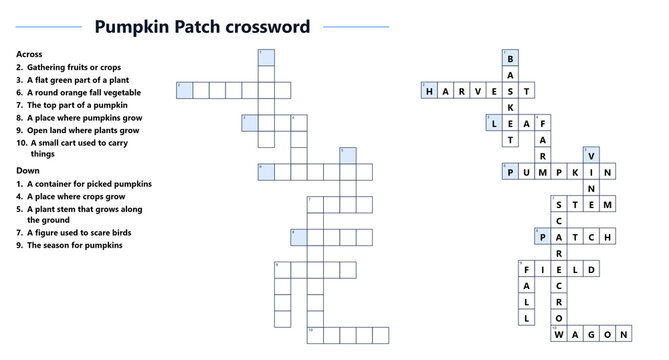 Pumpkin patch crossword puzzle with clues and layout design  