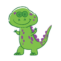Naklejka premium Cute cartoon green dinosaur with purple spots illustration.