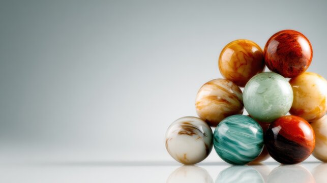 An artistic arrangement of colorful marbles stacked in a pyramid, showcasing intricate designs and patterns, invoking feelings of nostalgia and playfulness.