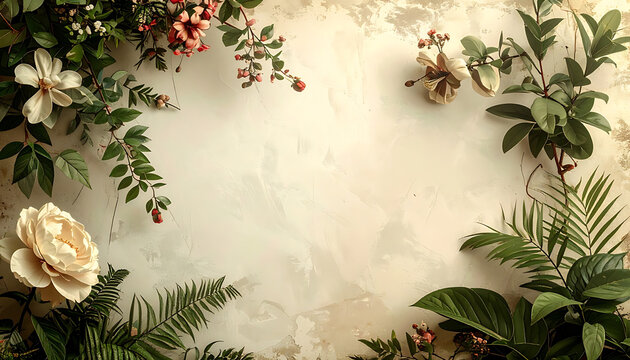Christmas floral border with berries, pine needles, and white flowers, rustic textured background, festive winter greenery frame