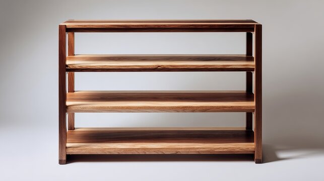A wooden shelving unit with four horizontal shelves stands against a plain background