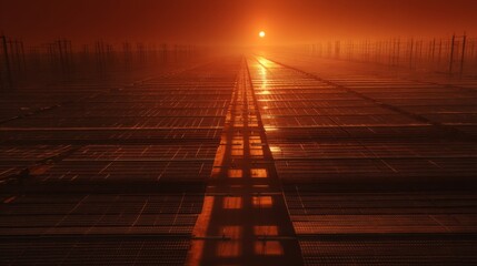 Fototapeta premium Expansive Greenhouse Landscape at Dusk with Sun Setting in a Golden Sky and Shadows Forming on the Ground