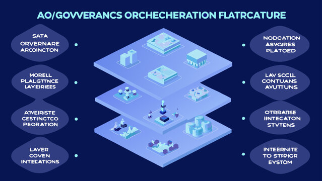 Flat vector isometric diagram of ai governance technology and business strategy layered structure with icons and text dark blue background