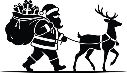 Black silhouette of santa claus walking with a reindeer and a sack of gifts on a white background © firoz