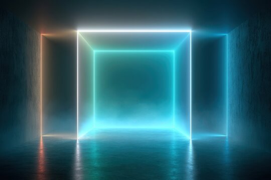 Minimalist futuristic neon light square background in dark room digital art
