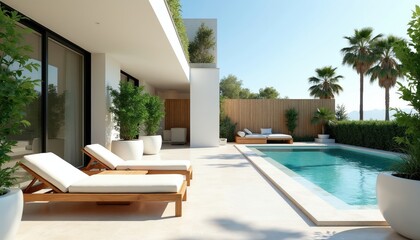 Fototapeta premium Modern house with pool and teak furniture. Outdoor lounge area with chaise lounges. Palm trees and green plants around. Sunny day, clear sky.